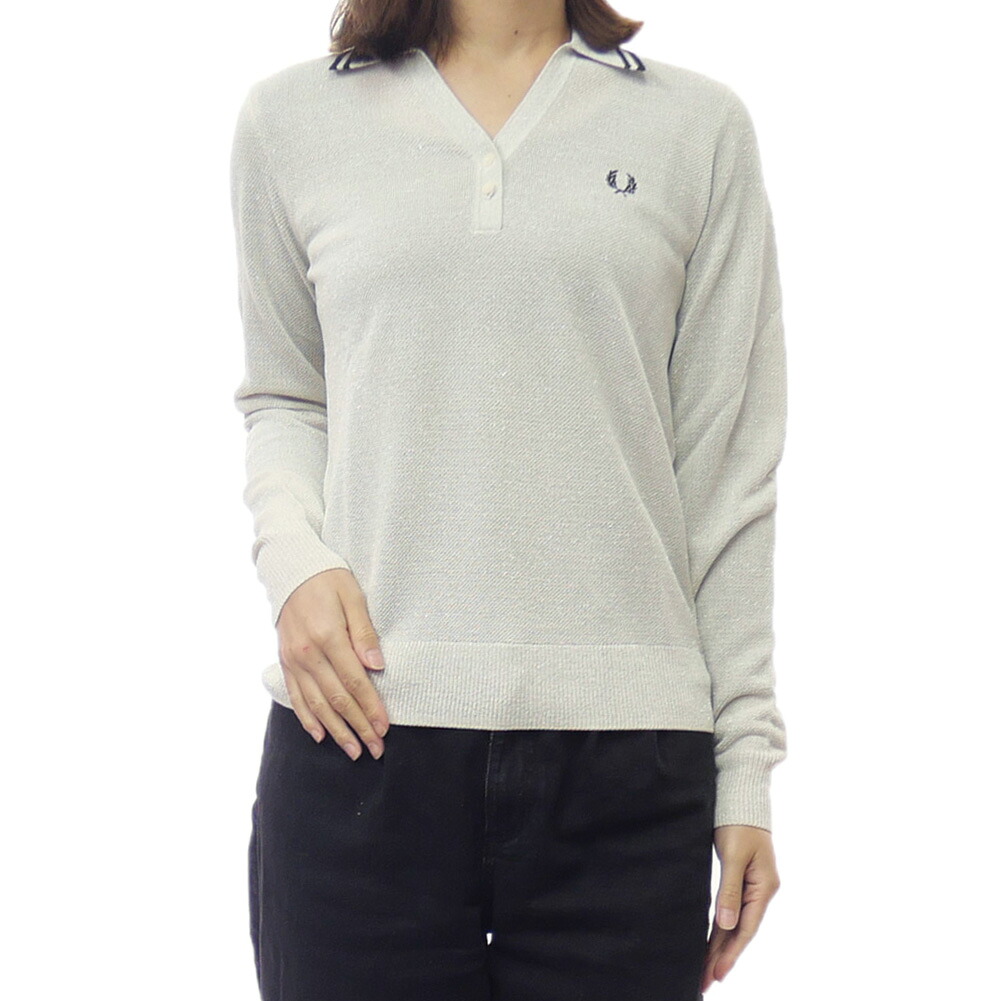 【期間限定ポイント5倍】FRED PERRY フレッドペリー レディース Vネック ニットポロシャツ K1128 / TXTRD METALLIC KNIT POLO SHIRT シルバー ラメ ツインティップ｜BIVLABO