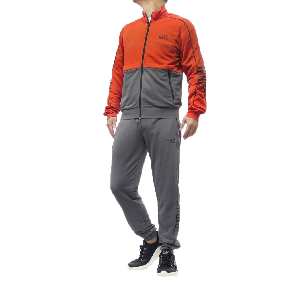 【期間限定ポイント5倍】EMPORIO ARMANI エンポリオ アルマーニ EA7 メンズ セットアップ スウェット 6DPV53 PJ16Z オレンジ&times;グレー ゴルフにも 上下セット｜BIVLABO