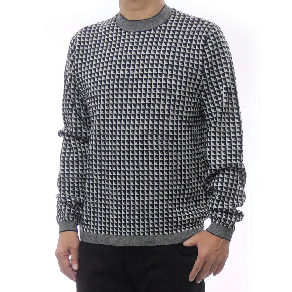 【期間限定ポイント5倍】EMPORIO ARMANI エンポリオアルマーニ メンズ クルーネック ニット セーター EM001989 AF14199 ブラック×ホワイト イーグル ロゴ 総柄|BIVLABO