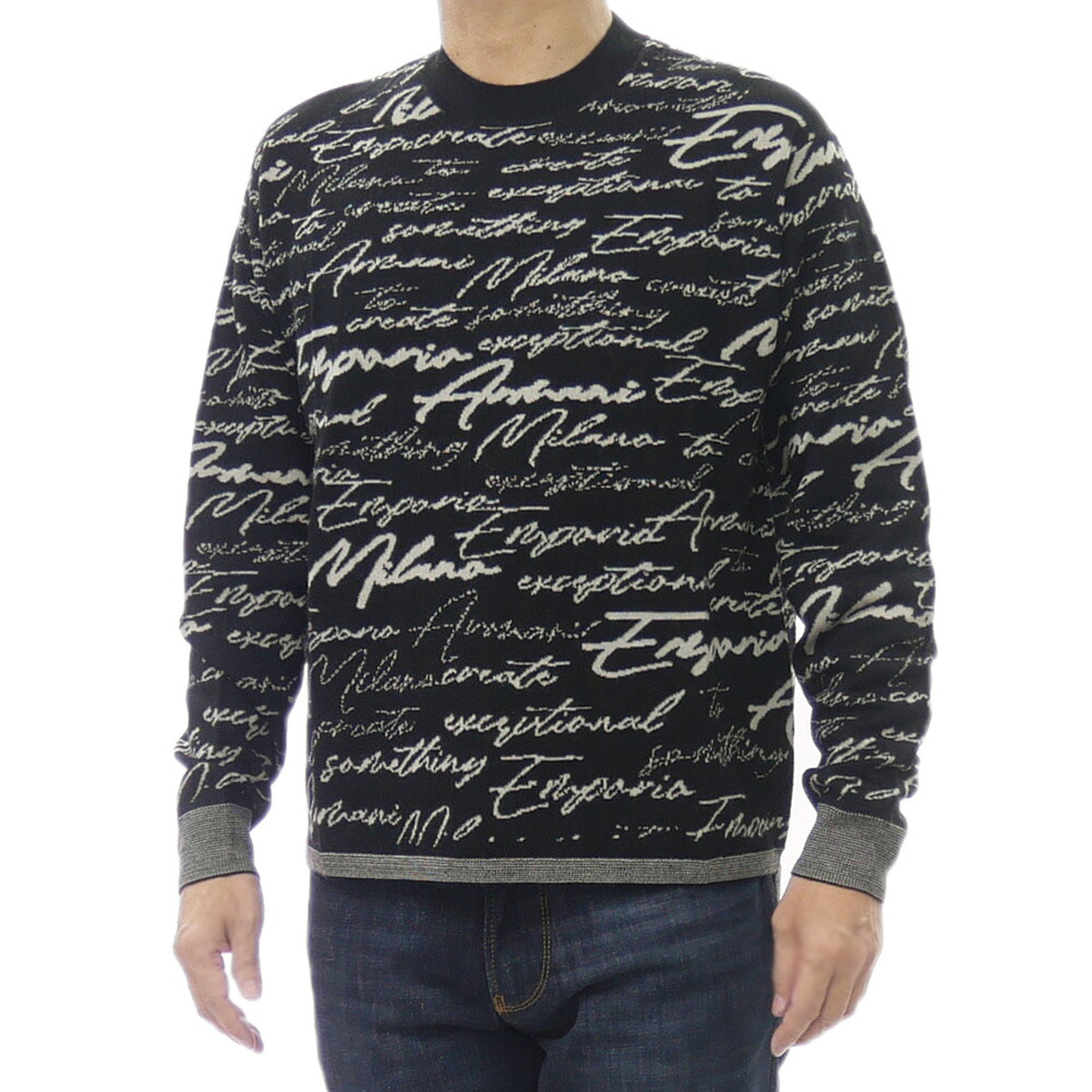 【期間限定ポイント5倍】EMPORIO ARMANI エンポリオアルマーニ メンズ クルーネック ニット セーター EM002630 AF14199 ブラック ヴァージンウール レタリング 総柄|BIVLABO