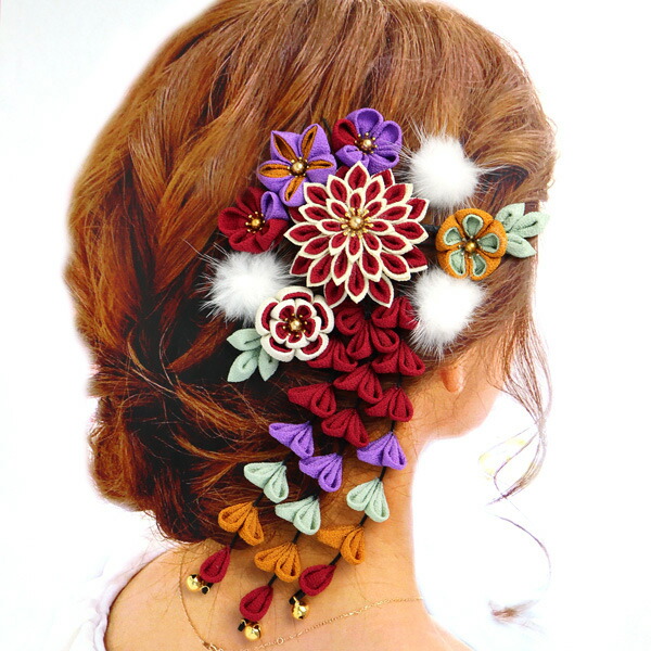 つまみ細工 髪飾り キット レトロモダンなくすみカラー 初級 中級 作り方説明書つき 卒業式 剣菊と藤下がりキット 成人式