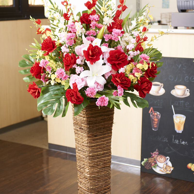 造花アート・スタンド花　スクエアスタンドL（おまかせ）開店 開業 開院 開局 改装 リニューアル オープン 移転 誕生日 結婚式 発表会 個展 公演 開催 イベント お祝い花 スタイリッシュ 立札無料 送料無料｜花ギフトの通販サイト　hana