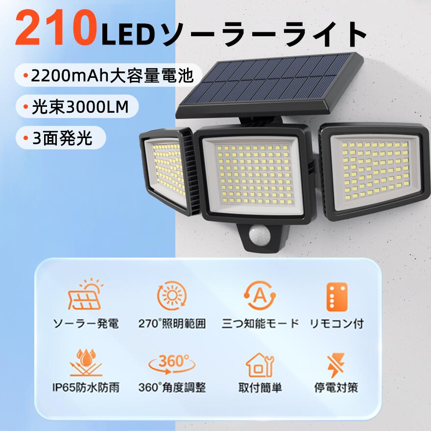 ソーラーライト 屋外 防水 センサーライト 極高輝度【業界最大3000ルーメン・210LED・3面発光】360°角度調整可能 3つ知能モード 2200mAh大容量バッテリー 防犯 自動点灯/消灯 ガーデン/壁掛け/庭先/表玄関/駐車場/停電時適用 地震/津波/台風/防災に対応