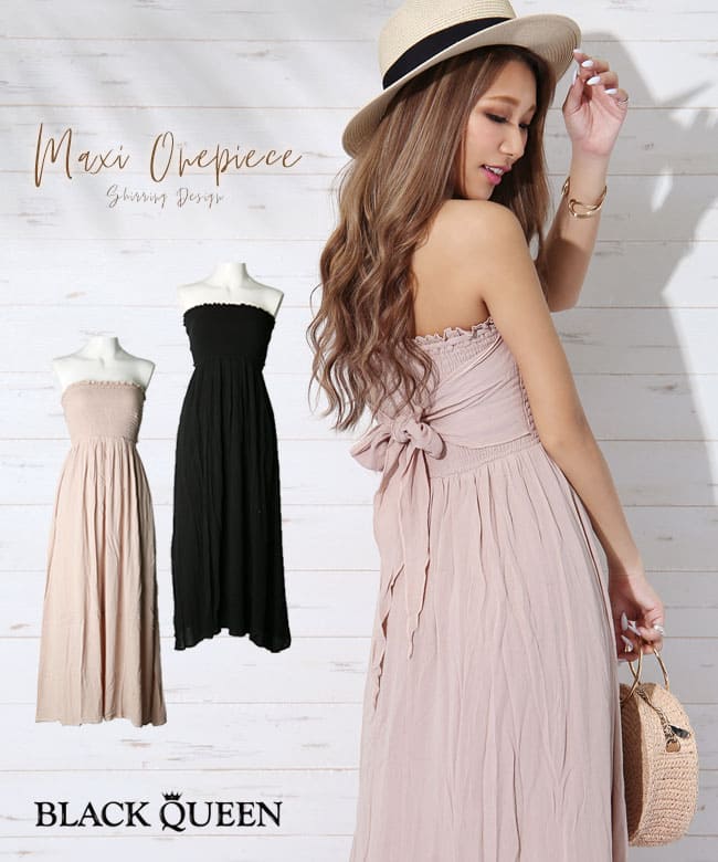 楽天市場 再入荷 ワンピース レディース 夏 マキシ丈 ロング マキシワンピース ベア リボン 楊柳 リゾート セクシー 黒 ベージュ 大人 上品 シャーリング ファッション ギャル ギャル服 ブラッククイーン Oto ゆまち Yumachi 藤木そら Sora Oem Rea Black Queen