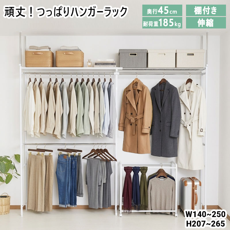 突っ張り ハンガー仕合わせ か細い 牢固たる 2段 納める 棚付き添い人 伸縮 幅140～250 奥ふかさ45 耐荷重 スチール写真 大静電容量 収納家具 押入れ 御召しもの納める 壁面納める 省間隔文字 今めかしい 北欧 今めかしい 白 白いこと 一人暮らし ワンルーム