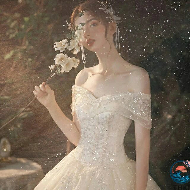 結婚式ドレス ロングドレス キラキラ オフショルダー プリンセスドレス 編み上げ 披露宴 Vネック シャンパン色 ホワイト ウェディングドレス Aライン スパンコールドレス キレイめ ビーズ 二次会ドレス|ブランシュストア