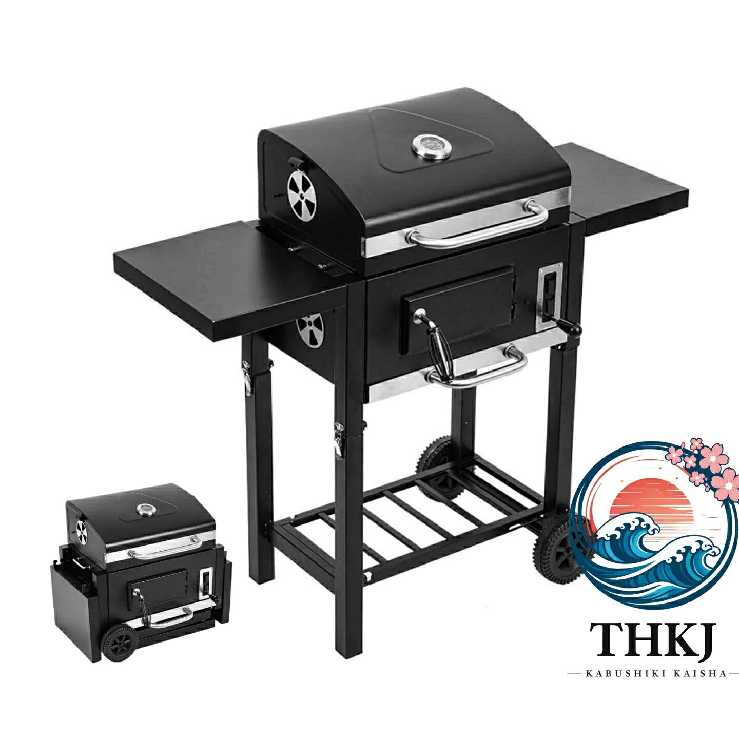 バーベキューコンロ 炭火焼き 中型 BBQグリル 温度計付き 通気口付き 蓋付き バーベキュー グリル 家族2人～10人ぐらい最適 楽しいバーベキュー炭用グリル 本格派グリル 折りたたんで収納でき 持ち運びも簡単 アウトドア キャンプ (108*36*96CM)｜ブランシュストア