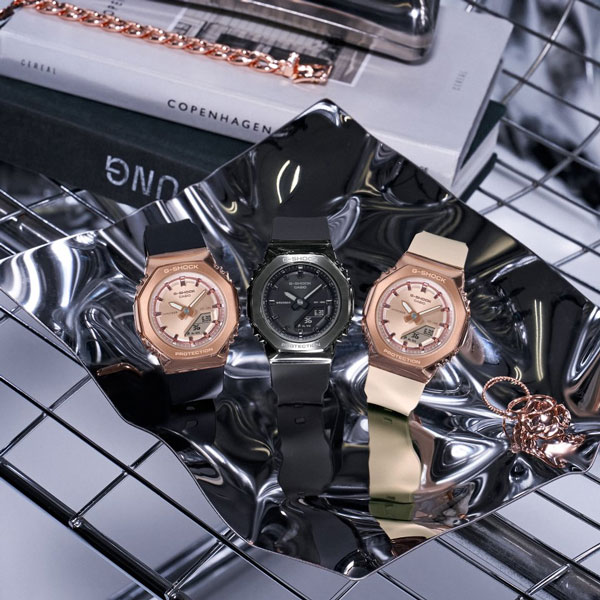 Gショックレディース腕時計メタルベゼルウレタンバンドgm-s2110pg-bシリーズselect(295)ボーイズサイズG-SHOCKwomenジーショックメタルフォルム八角形ピンクゴールド×黒ピンクゴールド×ピンクダークグレースタイリッシュカジュアル