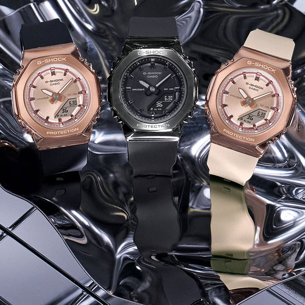 Gショックレディース腕時計メタルベゼルウレタンバンドgm-s2110pg-bシリーズselect(295)ボーイズサイズG-SHOCKwomenジーショックメタルフォルム八角形ピンクゴールド×黒ピンクゴールド×ピンクダークグレースタイリッシュカジュアル