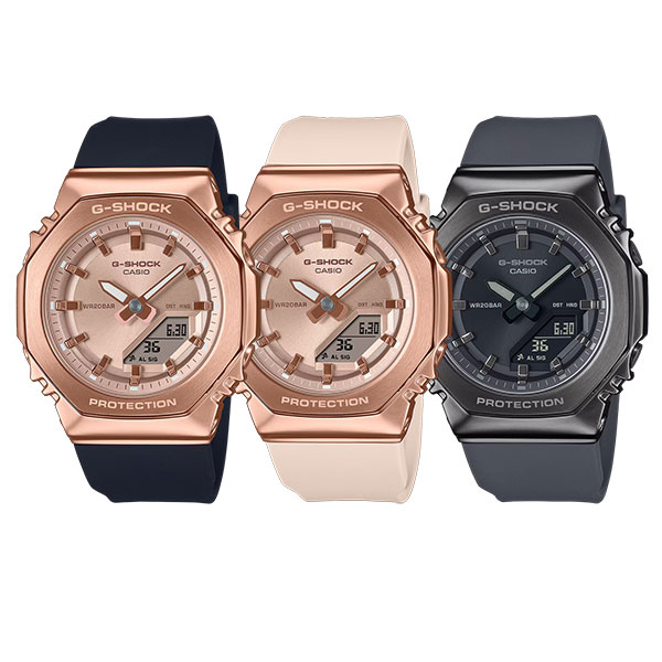 Gショックレディース腕時計メタルベゼルウレタンバンドgm-s2110pg-bシリーズselect(295)ボーイズサイズG-SHOCKwomenジーショックメタルフォルム八角形ピンクゴールド×黒ピンクゴールド×ピンクダークグレースタイリッシュカジュアル