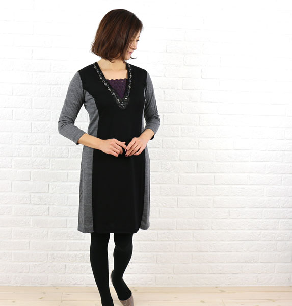 送料無料 ビジュー ププラ 国内正規品 ププラ Pupula カシミヤ混 Pupula カシミヤ混 Vネック ビジュー ワンピース レディース Etre Par Bleu Comme Bleu