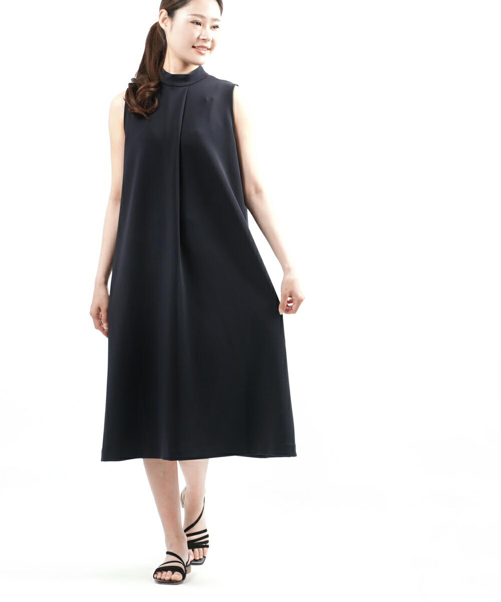 レディースファッション ワンピース ププラ フロントタックワンピース レディース クーポン対象外 ノースリーブワンピース スタンドカラー Pupula アクアダブルニット 当季大流行 Www Rrj Mu