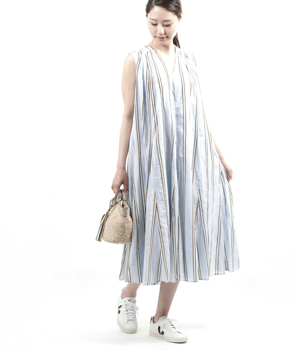 レディースファッション ワンピース 21人気新作 Ne ヌキテパ Quittez Dress gh3 レディース クーポン対象外 Sleeveless Panel Stripe C Voile ロングワンピース パネルワンピース ノースリーブワンピース ストライプ Vネック Pas