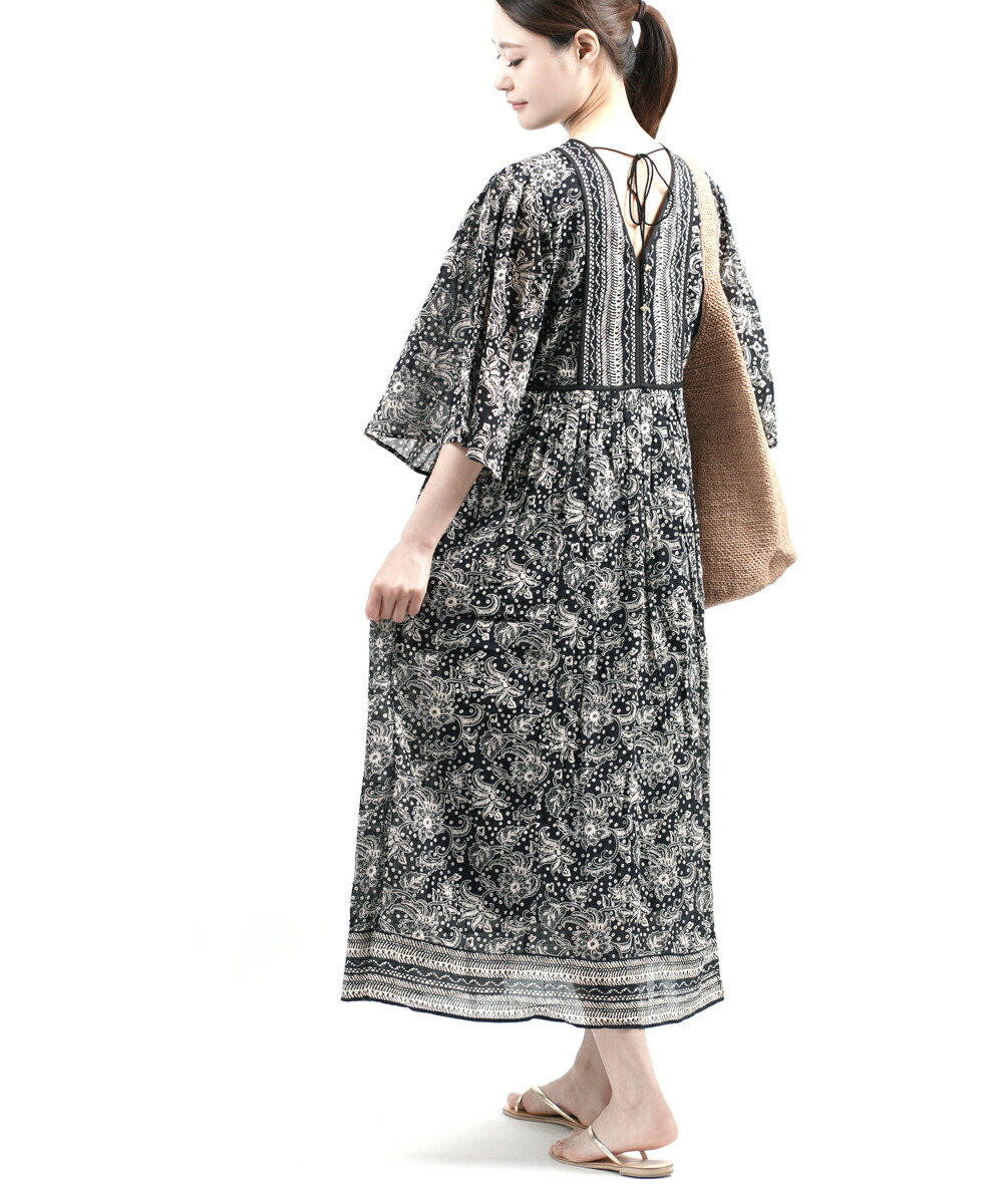 Print Quittez Flare ヌキテパ Sleeve Ethnic Ethnic フレアワンピース 国内正規品 送料無料 Pas コットンボイル Dress Ne エスニックプリントフレアスリーブドレス 21年春夏新作 Off ヌキテパ Quittez Pas コットンボイル Vネック フレア