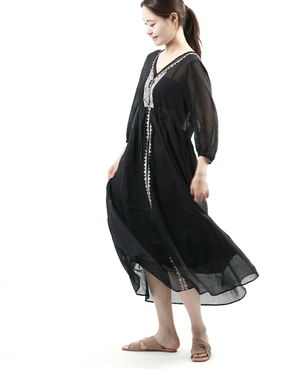 C Voile ロングワンピース ドレス ワンピース ヌキテパ Emb Emb 送料無料 Neck 21年春夏新作 国内正規品 Neck Off V Dress ヌキテパ Ne Quittez Pas コットンボイル 刺繍 バックリボン Vネック ロングワンピース ドレス C Voile Emb V Neck