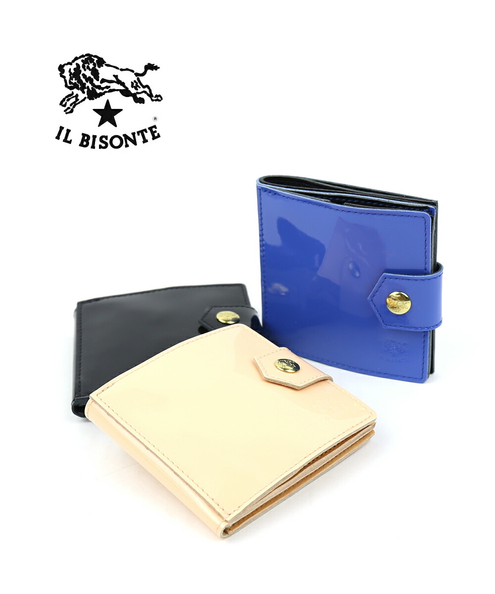 イルビゾンテ 財布 二つ折り 正規品 IL BISONTE パテント エナメル レザー ベルト付き 二つ折り財布 ウォレット コンパクト カードポケット ロゴ型押し ・54232307441-0062301(メンズ)(レディース)｜etre！par bleu comme bleu