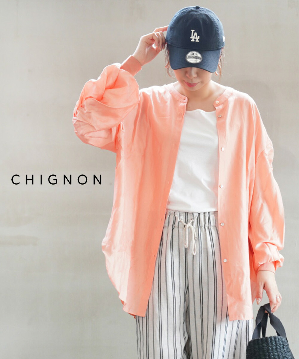 【30%OFF】【LINEクーポン有】シニヨン CHIGNON シャツ ブラウス チュニック トップス 透け感 2way 前後着用 シャーリング リブ袖 大人 カジュアル きれいめ・1636-593JS-5092401(レディース)｜etre！par bleu comme bleu