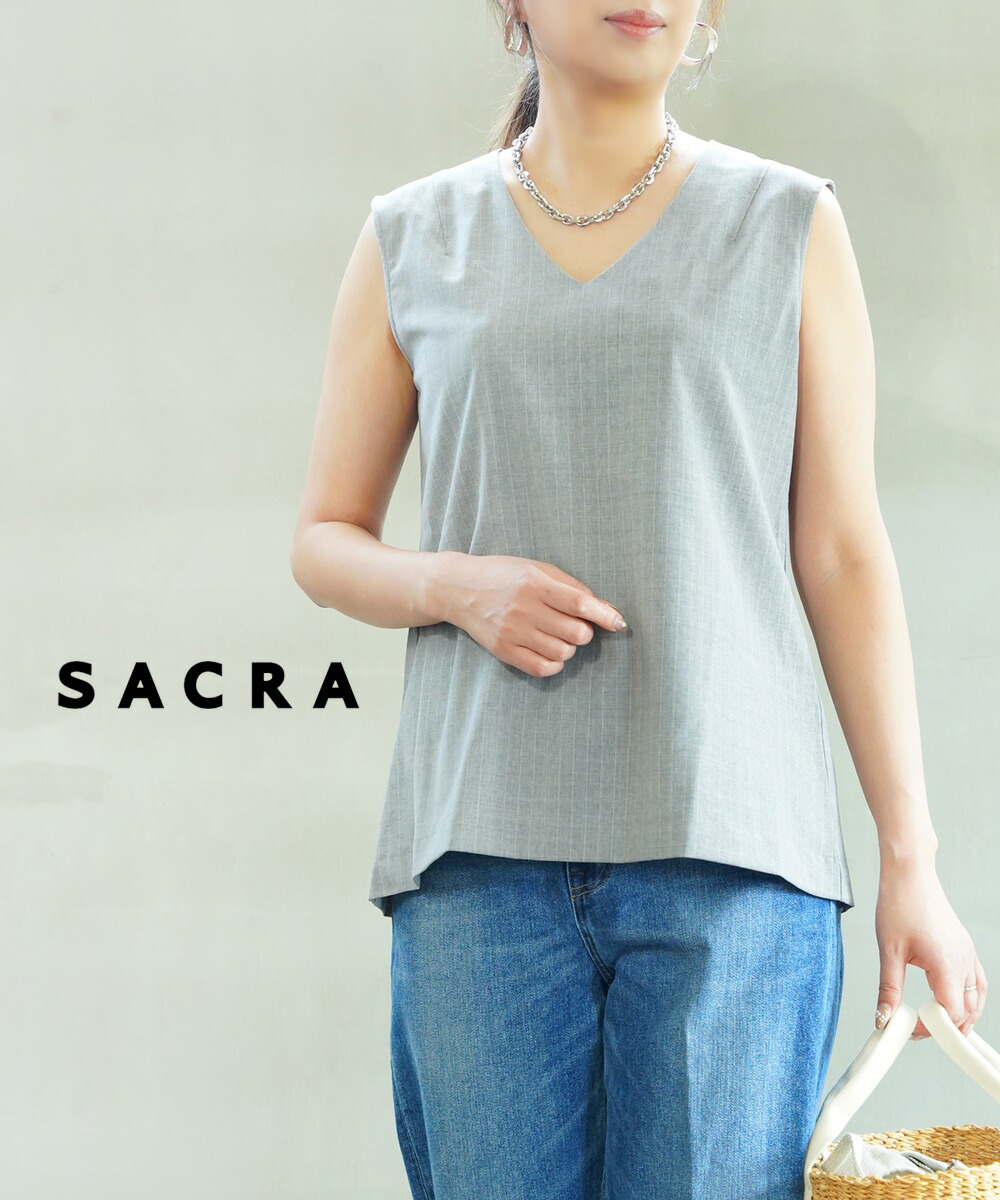 【40%OFF】【LINEクーポン有】サクラ SACRA ブラウス ノースリーブ トップス Vネック ストライプ フレア きれいめ ・SF510031-3341502(レディース)(last_1)|etre!par bleu comme bleu