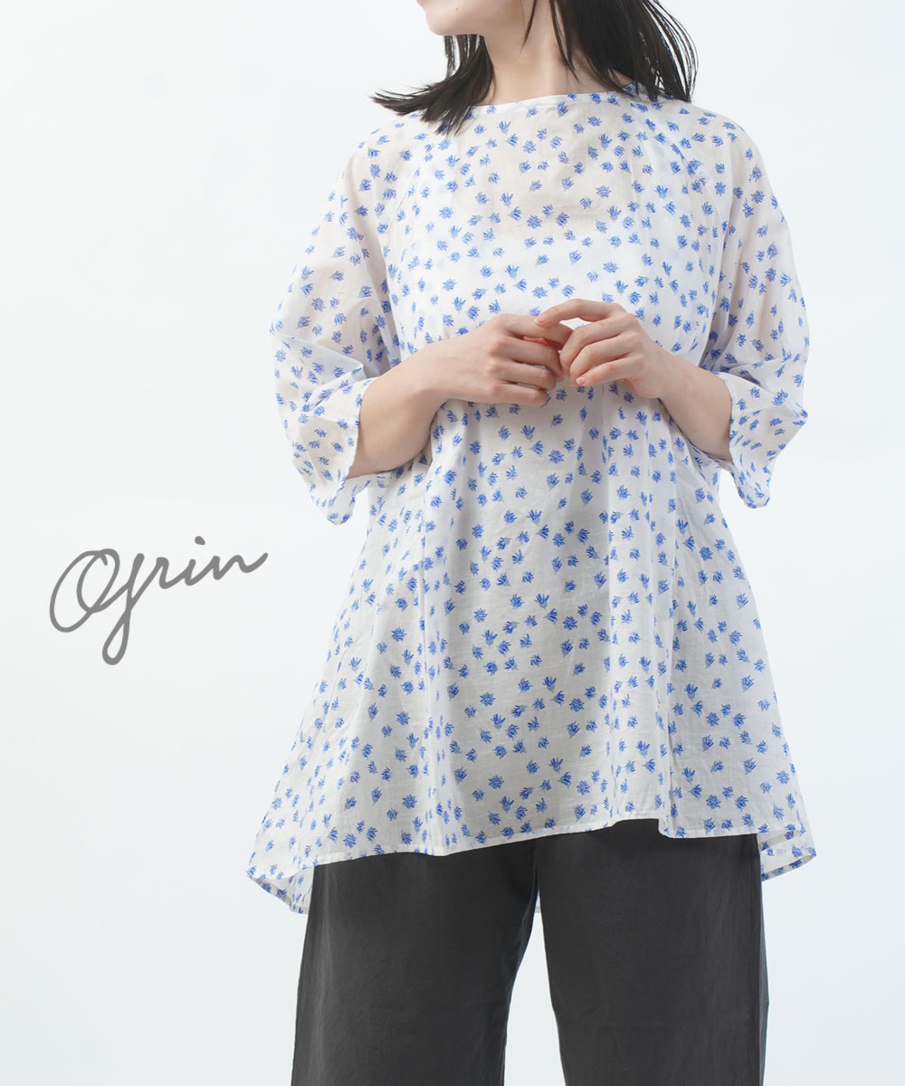 【ポイント2倍】【LINEクーポン有】グリン grin チュニック トップス プルオーバー 半袖 半端袖 長め 綿 コットン 薄手 シアー 透け感 総柄 ナチュラル・8261T-014-1482601(レディース)