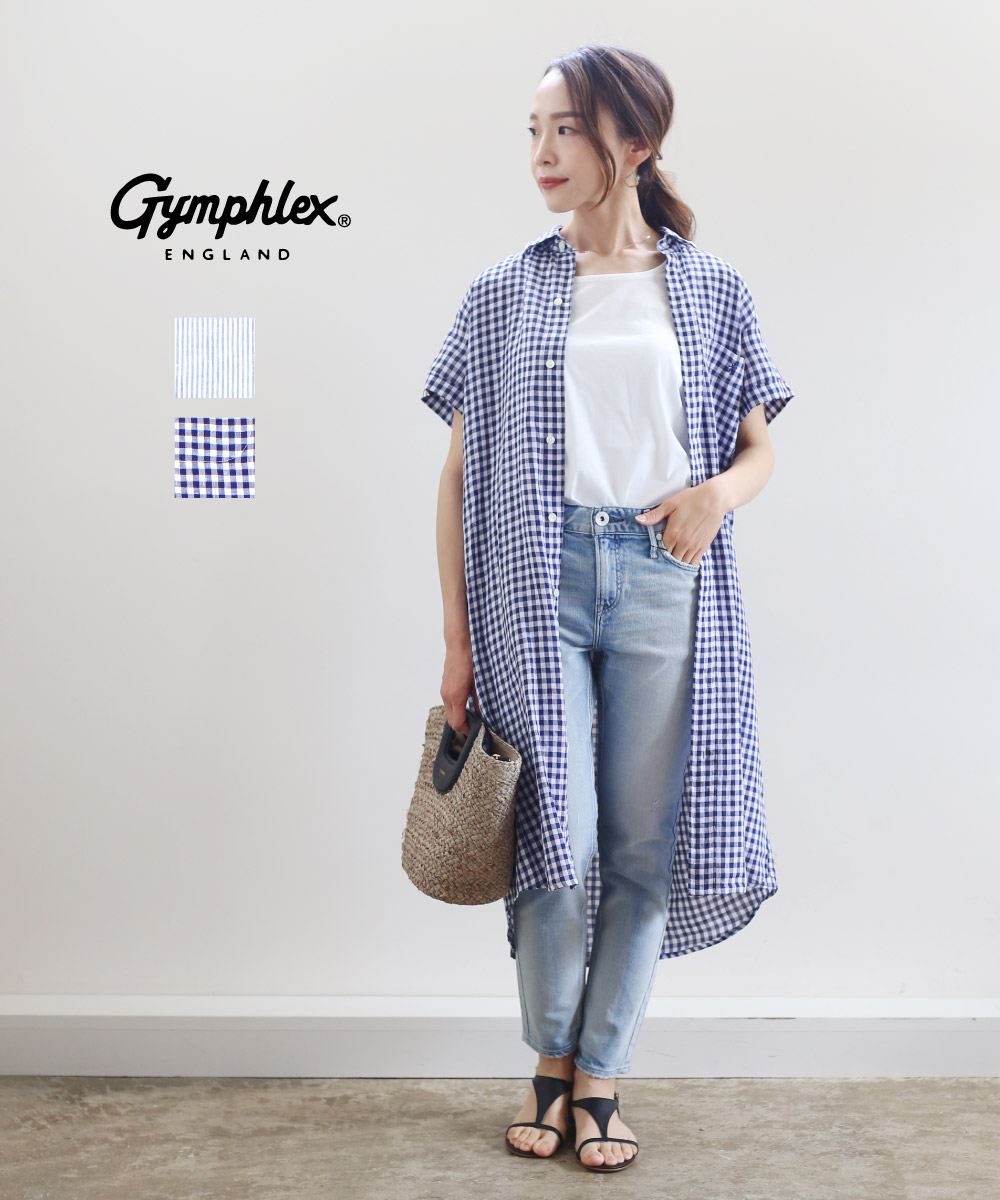 送料無料 21年春夏新作 シャツワンピース ジムフレックス Gymphlex 半袖 チェック ストライプ リネン ジムフレックス Gymphlex リネン 半袖 国内正規品 Jp Etre Par ジムフレックス シャツワンピース J 1098lnp レディース
