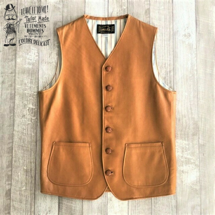 最高級　オルゲイユ　レザーベスト　キャメル　本革　金ボタン　牛革　日本製　38 楽天市場】【 ORGUEIL（オルゲイユ） 】 OR-4181A フィールドジレ