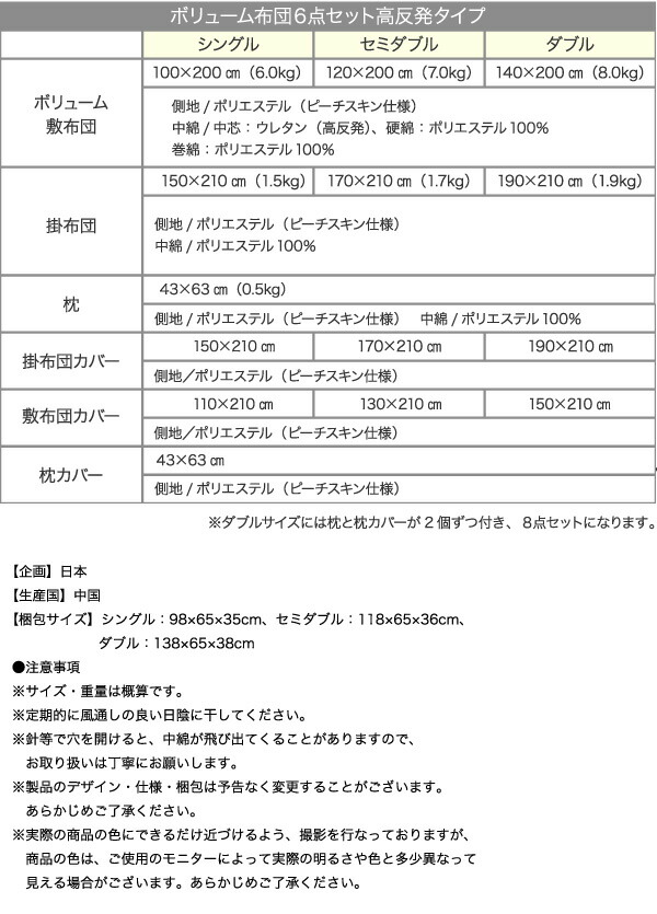 ボリューム布団6点セット高反発タイプシングル6点セット