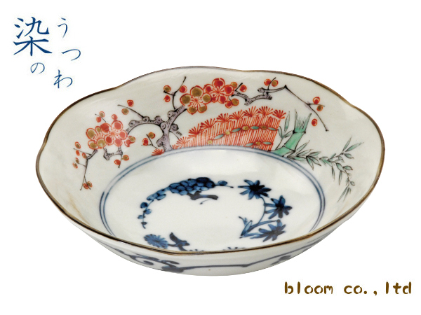 古伊万里上手　染錦窓絵草花紋皿五枚揃え 古伊万里上手 染錦窓絵草花紋皿五枚揃え