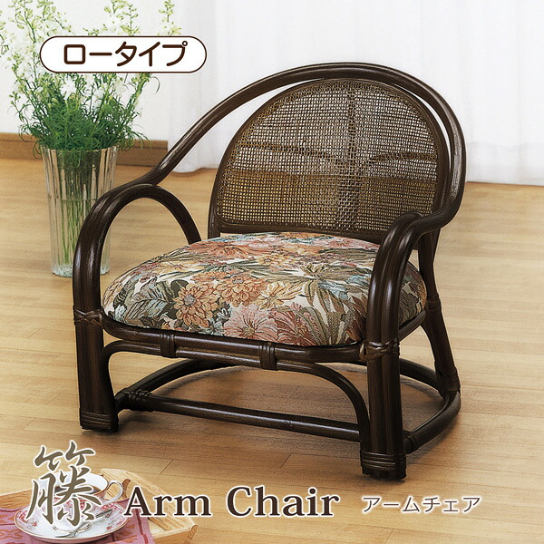 アームチェア 肘付きチェア 座椅子 腰掛け ロータイプ 籐 ラタン クッション ジャカード織 ブラウン｜bloom 新館