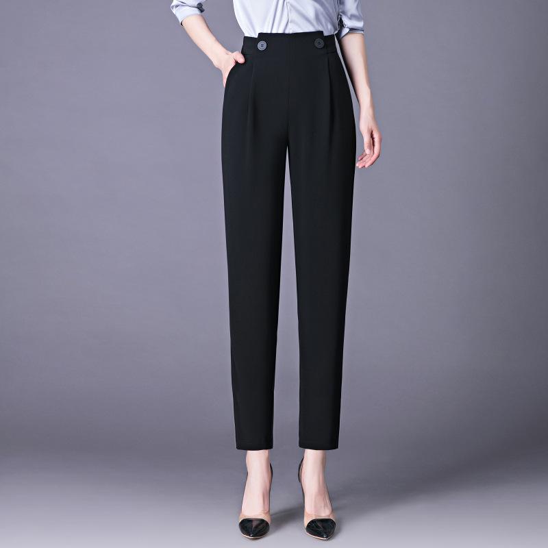 ハーレムパンツ レディース ハイウエスト 9分丈 ストレート 落ち感 厚手 通勤 春秋 白 黒 ストレッチ ポケット ボタン ノンアイロン 細見え 脚長 エレガント 抗シワ|bloomelier
