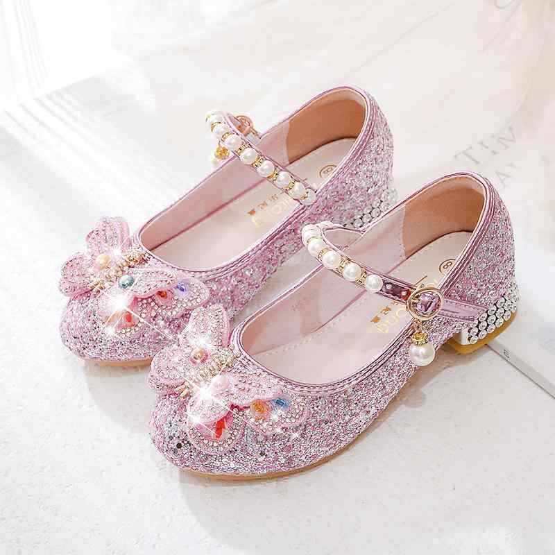 シューズ 女の子 キッズ 子供 プリンセス バレエシューズ パンプス ヒール クリスタル 蝶々飾り フェイクレザー 合皮 滑り止め 耐摩耗 ピンク シルバー ブルー 秋 発表会 結婚式 フォーマル お出かけ