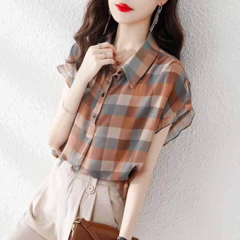 ブラウス レディース 半袖 シフォン 丸首 ゆったり オーバーサイズ 体型カバー チェック柄 薄手 涼しい 春夏 トップス 韓国風 普段使い