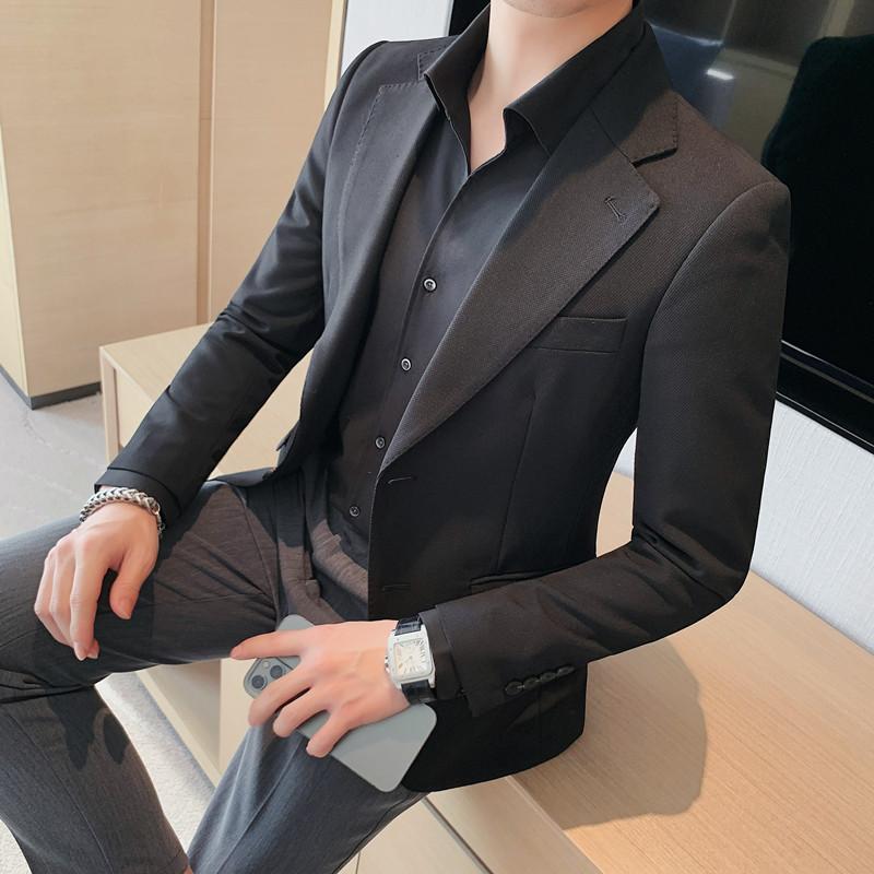 ジャケット メンズ 春夏 韓国ファッション ビジネス カジュアル オフィス 通勤 スリム 細身 無地 テーラードカラー シングルブレスト ノーアイロン アウター ポリエステル コットンブレンド ブラック ベージュ グレージュ|bloomelier
