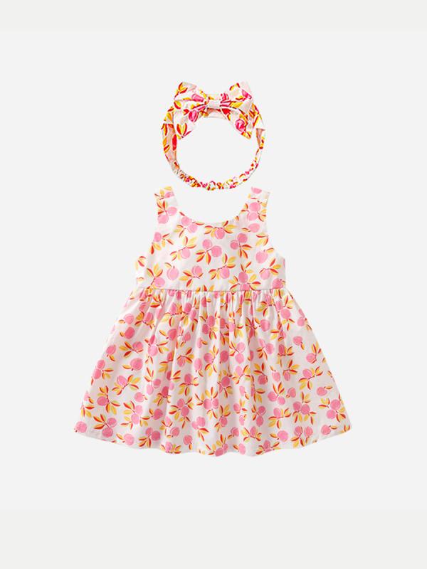 ワンピース 女の子 ガールズ プリンセスドレス ベビー服 サマー スイート ピーチ柄 リボン 蝶結び キャミソール 吊りスカート コットン 綿 ピンク フレア Aライン 韓国風 かわいい 幼児 女児 キッズ 1歳 2歳 3歳 80 90 100cm