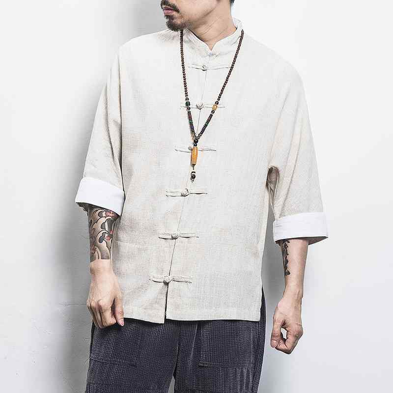 シャツ 男性用 メンズ 中国風 刺繍 唐装 立襟 七分袖 綿麻 中山装 ジャケット トップス 羽織り アウター 普段使い カジュアル 夏