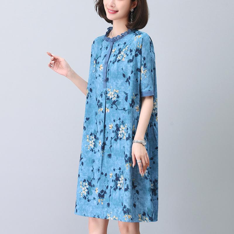 ワンピース ドレス レディース 春夏 綿麻混 Aライン ストレート Iライン ゆったり 大きいサイズ 小柄 低身長 上品 エレガント きれいめ 高級感 ママ 普段使い お出かけ カジュアル 半袖 ラウンドネック グリーン ブルー