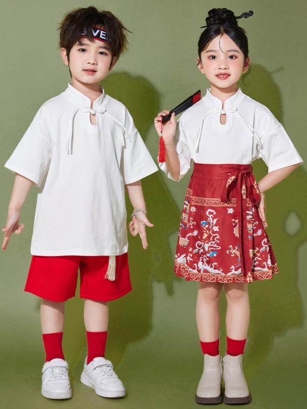 キッズ 女の子 男の子 小学生 中国風 漢服 国学 衣装 発表会 運動会 朗読 パフォーマンス イベント 舞台 学芸会 半袖 チャイナボタンデザイン 綿素材 春夏 白 赤