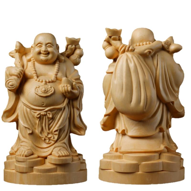 置物 ヒノキ 天然木 手彫り 精巧 太鼓腹 布袋様 弥勒菩薩 元宝 笑い仏 開運 金運 招福 縁起物 リビング インテリア 飾り オブジェ ギフト 贈答品 東洋風|bloomelier