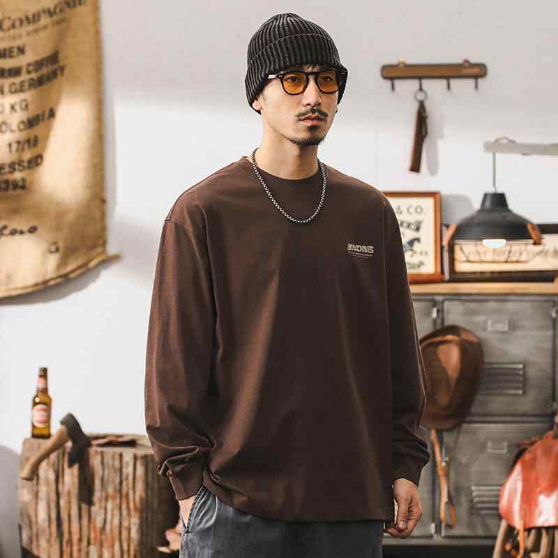 Tシャツ メンズ アメカジ 長袖 クルーネック 32番双糸 コーマ綿 ヘビーウェイト オーバーサイズ ビッグシルエット ドロップショルダー ゆったり 秋 キャラメル色 カジュアル ストリート