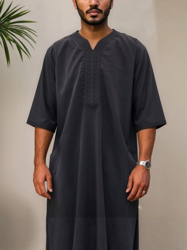 ローブ メンズ 男性用 モロッコ 民族衣装 中東 イスラム エスニック風 刺繍 七分袖 ガウン サイドポケット ロング丈 ゆったり カジュアル リラックスウェア ポリエステル混紡