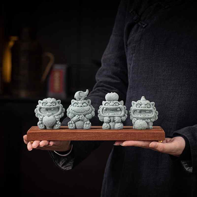 置物 モダンチャイニーズ 中国風 金運招来 貔貅 心願成就 願いが叶う デスクトップ インテリア飾り 青砂石 風獅爺 シーサー 吉象 柿 橙 記念品 ギフト プレゼント 開運縁起物|bloomelier