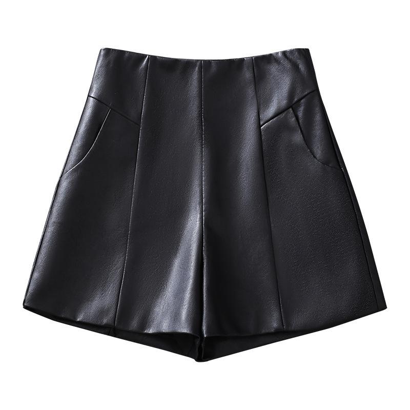 ショートパンツ レディース フェイクレザー Aライン ハイウエスト ワイドパンツ 黒 ストレッチ 合皮 レーヨン 短パン ストリート カジュアル ブーツコーデ 春秋 ボトムス