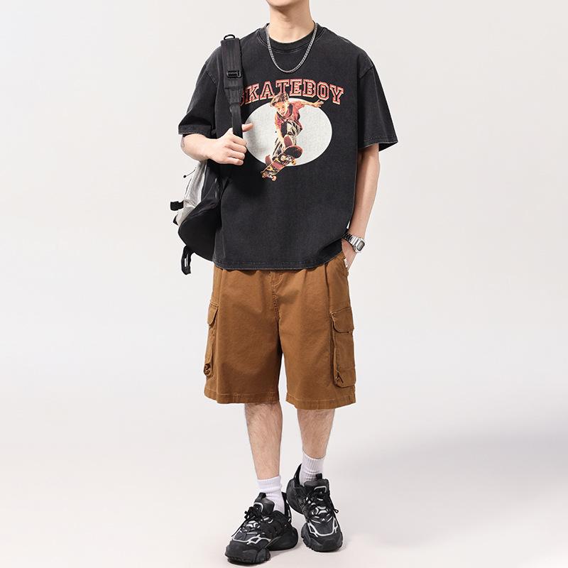 Tシャツ メンズ アメリカンカジュアル ヴィンテージ ウォッシュ加工 プリント ヘビーウェイト 肉厚 デザイン クルーネック 半袖 ルーズフィット ビッグシルエット 綿 吸湿速乾 黒 夏 高級感 カジュアルストリート