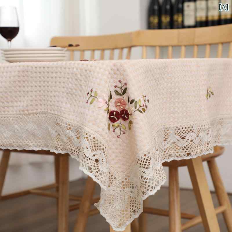 テーブルクロス 花柄 フラワー リボン刺繍 ワッフル生地 長方形 防塵 防油 撥水 耐摩耗 滑り止め ダイニング 食卓 リビング カントリー風 ナチュラル おしゃれ ポリエステル ベージュ