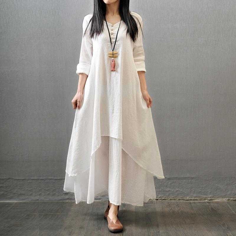 ワンピース レディース 夏 大きいサイズ ロング丈 長袖 ゆったり 綿麻 リネン フェイクツーピース フレア Aライン 無地 上品 エレガント 通勤 普段使い リゾート