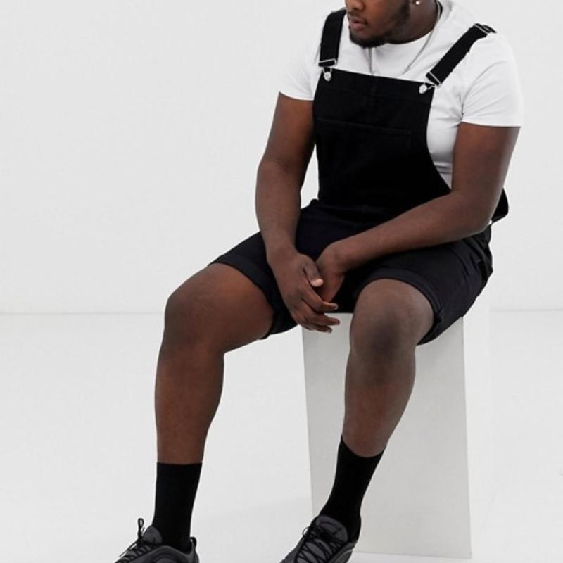 デニム メンズ オーバーオール ショートパンツ 大きいサイズ ビッグサイズ 男性用 レトロ ヴィンテージ ワークウェア ストリート カジュアル ウォッシュ加工 綿 コットン 黒 白 配色デザイン 春夏