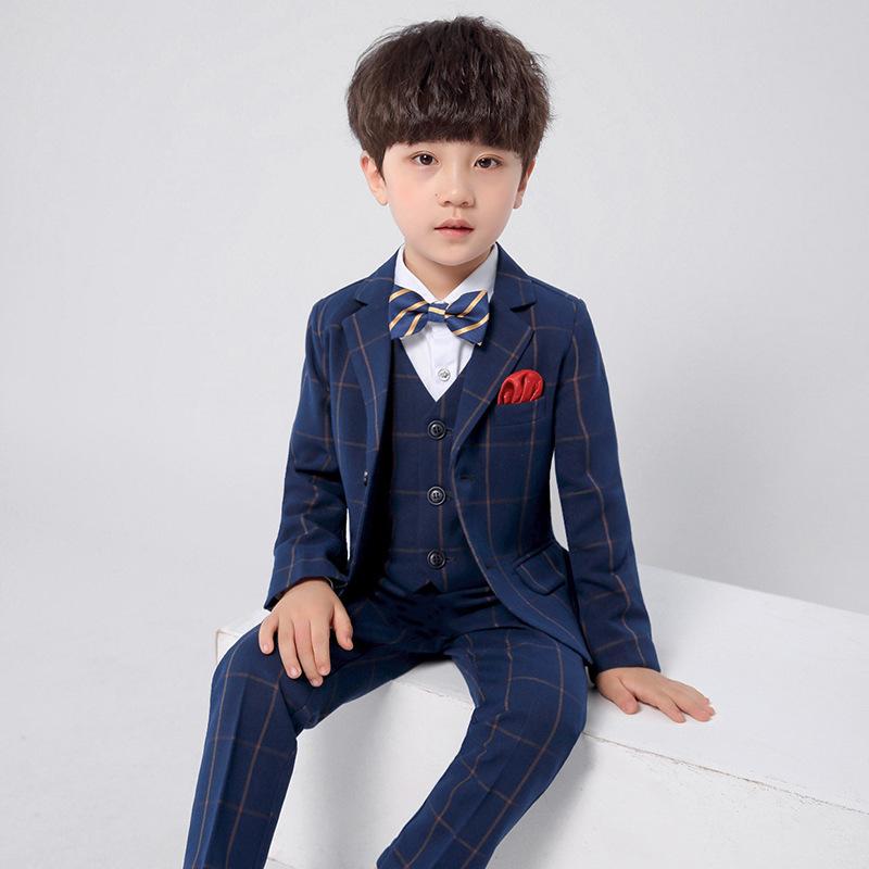 キッズ 男の子 フォーマル スーツ セットアップ ブルーチェック 韓国風 パンツスーツ 礼服 結婚式 発表会 入学式 卒業式 七五三 リングボーイ 長袖 シングルボタン ポリエステル