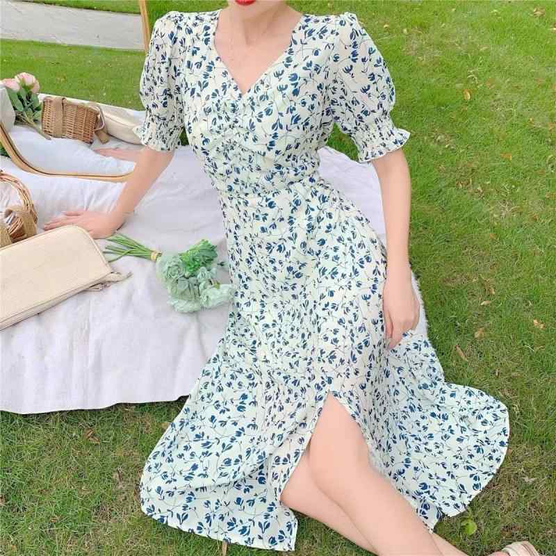 ワンピース レディース 春夏 フレンチガーリー レトロ 小花柄 シフォン ポリエステル 半袖 パフスリーブ スクエアネック ハイウエスト スリット入り Aライン フレア ミディ丈 ブルー
