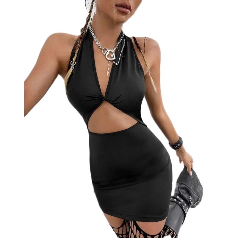 ワンピース レディース セクシー バックオープン カットアウト 編み上げ ボディコン ミニ丈 ノースリーブ ローウエスト 無地 ブラック ポリエステル 再生繊維 欧米風 ナイトドレス パーティードレス ギャル 春夏