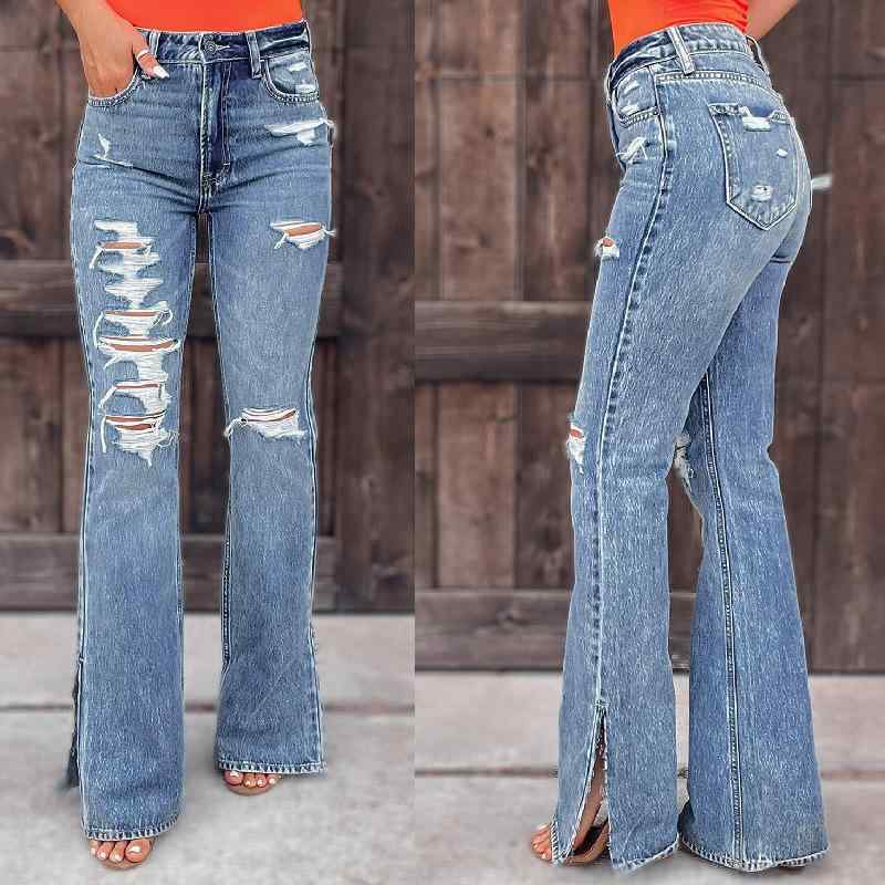 デニムパンツ レディース フレアパンツ ブーツカット ダメージ加工 ウォッシュ加工 ロング コットン ストレッチ ミドルウエスト 秋冬 ストリート カジュアル 通勤 ブルー