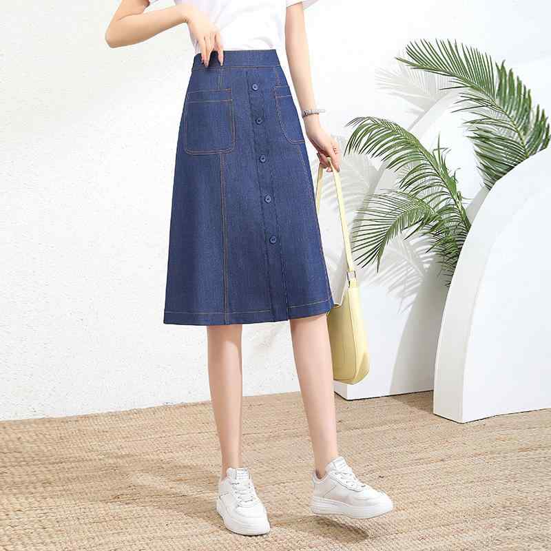 半身スカート レディース 女性用 デニム Aライン ミモレ丈 ハイウエスト 着痩せ効果 テンセル ポリエステル 微ストレッチ 切り替え ギャザー 通勤 オフィス カジュアル ブルー 青 春夏